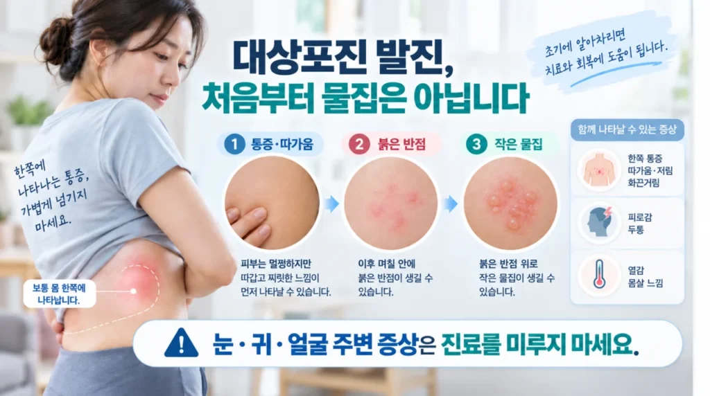 대상포진 발진이 붉은 반점에서 물집으로 진행되는 과정을 보여주는 그림입니다.