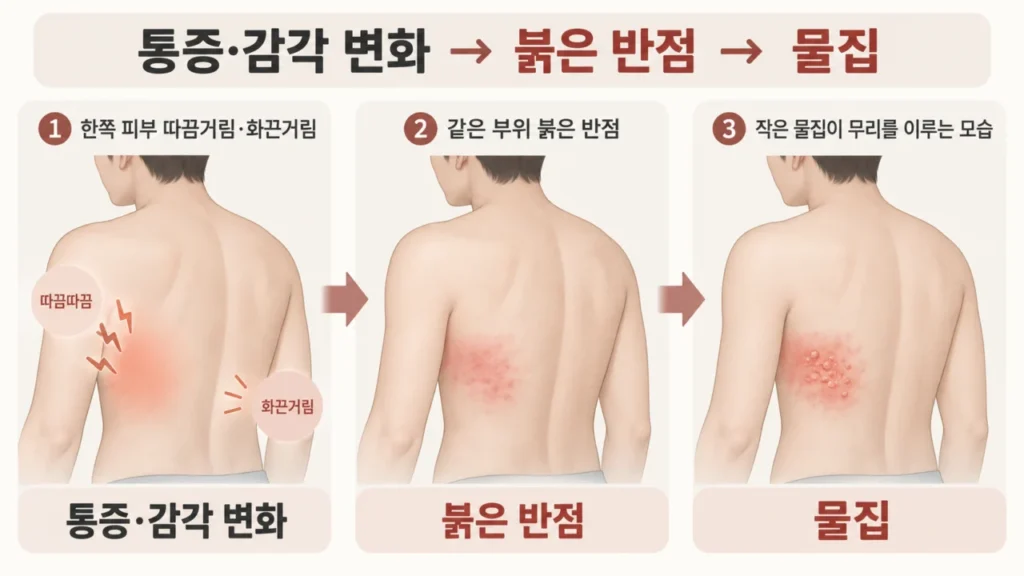 대상포진 증상이 통증에서 붉은 반점, 물집으로 진행되는 과정을 나타낸 그림