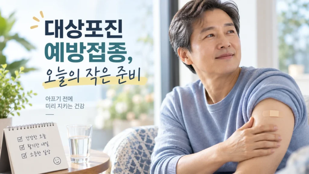 대상포진 예방접종 후 팔 통증, 피로감, 근육통, 발열 등 일시적 증상을 설명하는 그림