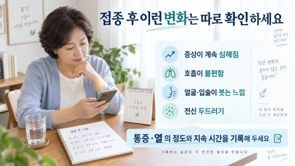 대상포진 예방접종 후 병원 확인이 필요한 이상반응을 설명하는 그림