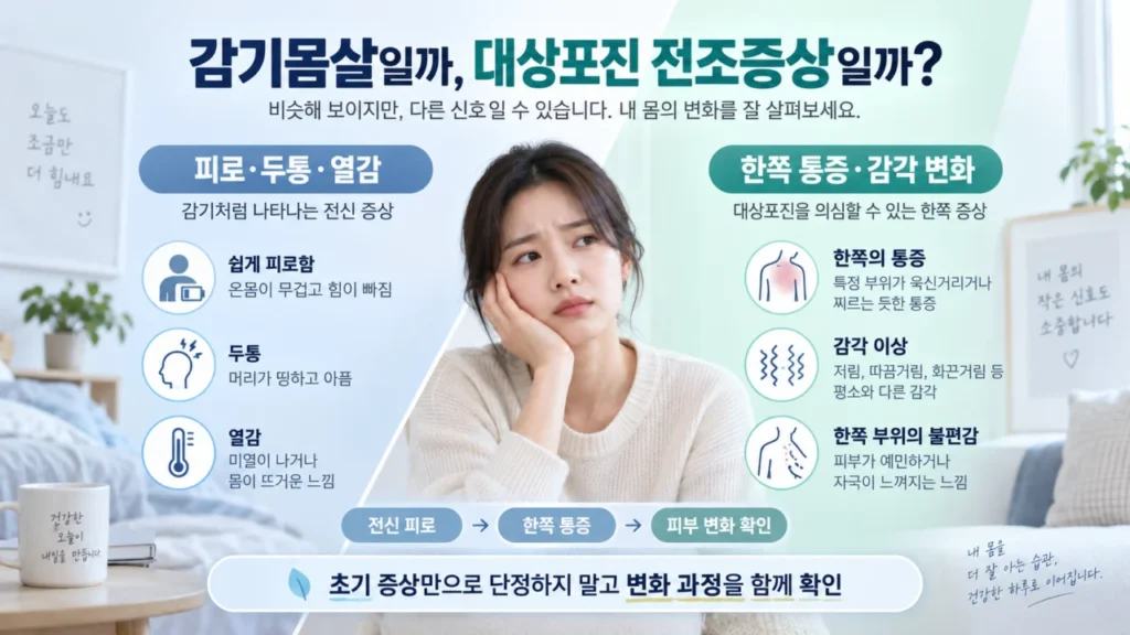 대상포진 전조증상과 감기몸살 증상의 차이를 비교한 인포그래픽입니다.