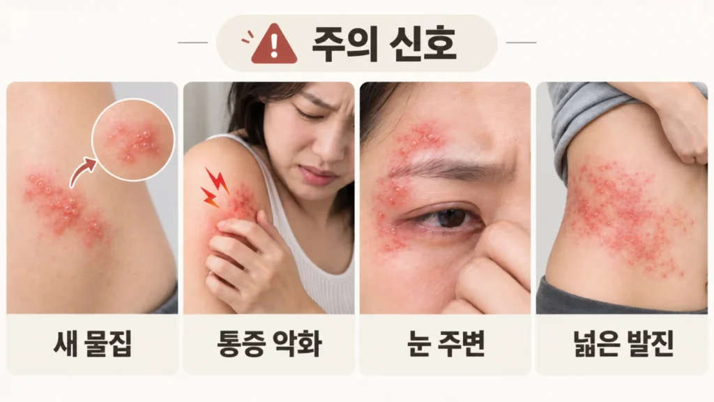 대상포진에서 얼굴이나 눈 주변 등 주의가 필요한 증상 부위를 설명하는 그림