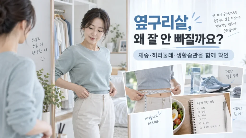 옆구리살 관리와 허리둘레 측정의 중요성을 보여주는 이미지
