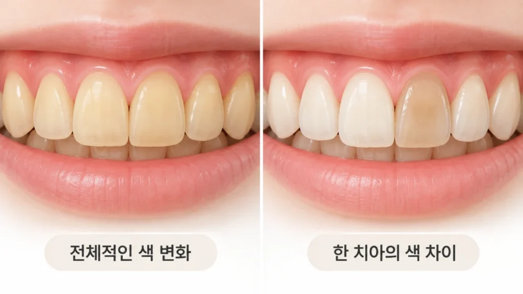 한 앞니만 어두운 경우와 전체 앞니가 어두운 경우를 비교하는 그림