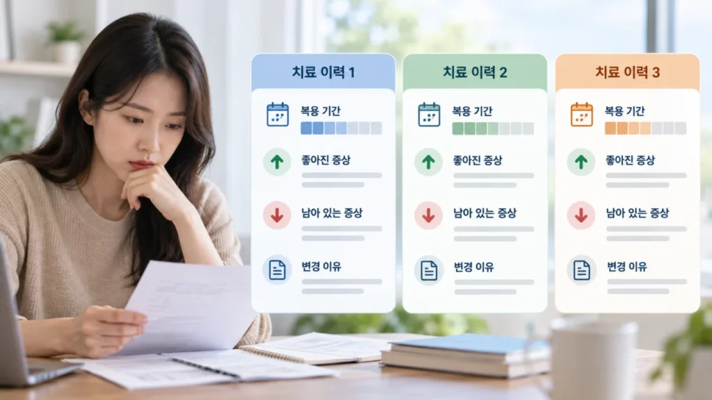 항우울제 치료 후 증상 변화와 남은 증상을 기록하는 장면