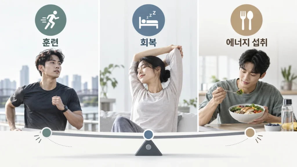 운동량과 에너지 섭취, 회복의 균형이 피로골절 위험에 미치는 영향을 나타내는 그림