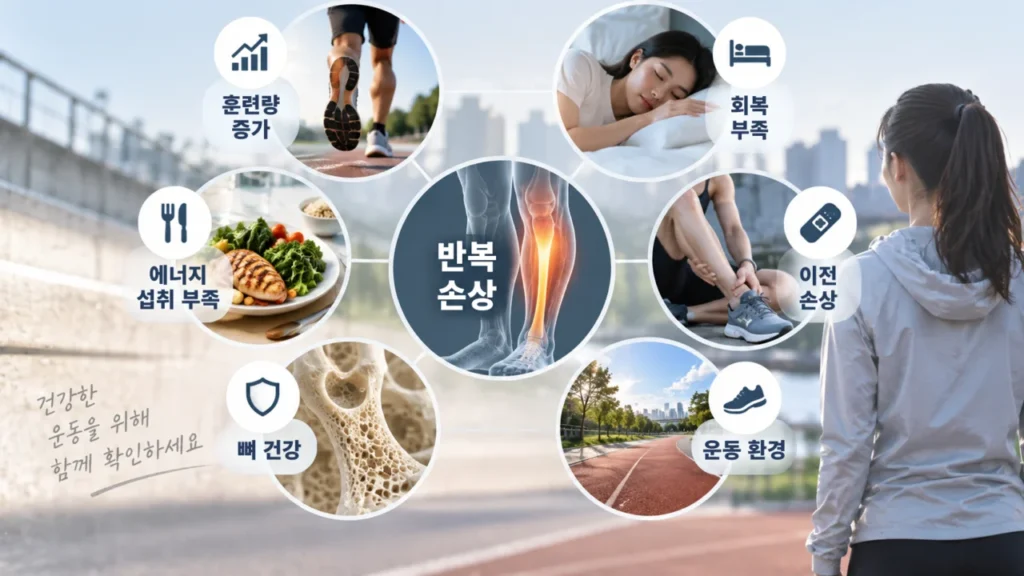 반복되는 피로골절에서 운동량, 회복, 영양, 뼈 건강 등 다양한 위험요인을 점검하는 그림