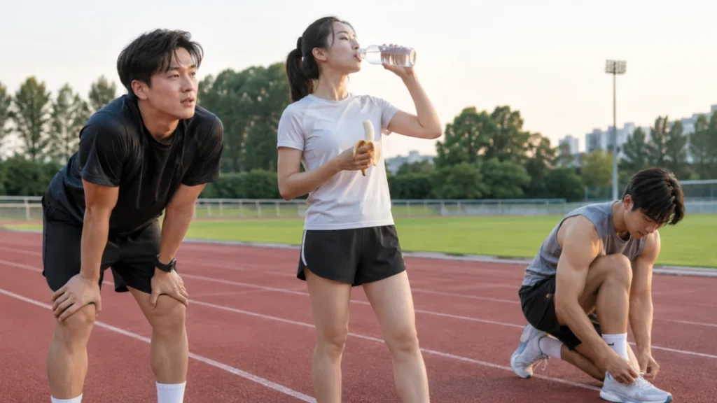피로골절 위험요인에 영향을 주는 회복, 영양, 뼈 건강 등 다양한 요소를 설명하는 그림