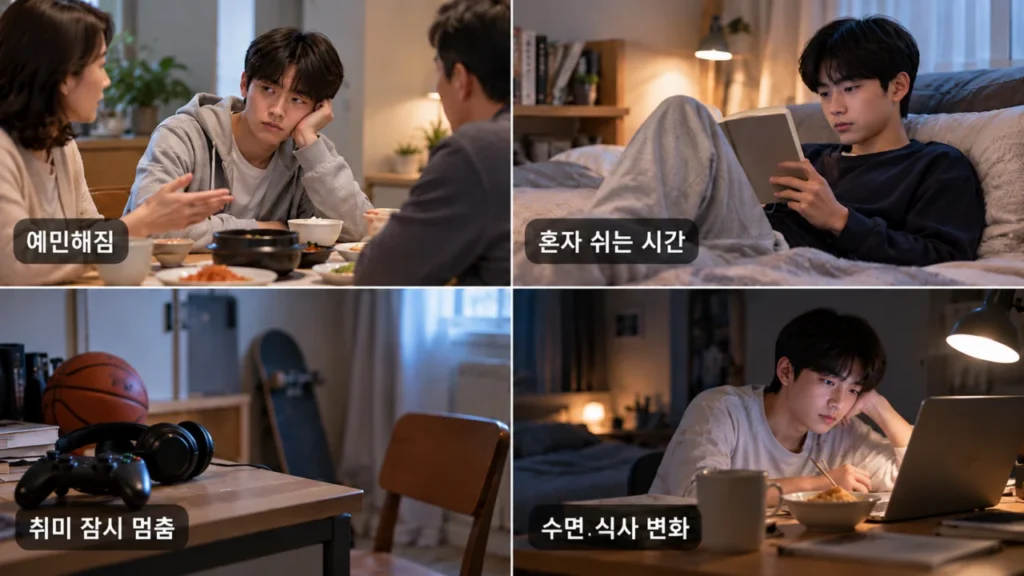 청소년의 짜증, 관계, 취미, 수면, 식사 변화 예시를 보여주는 그림