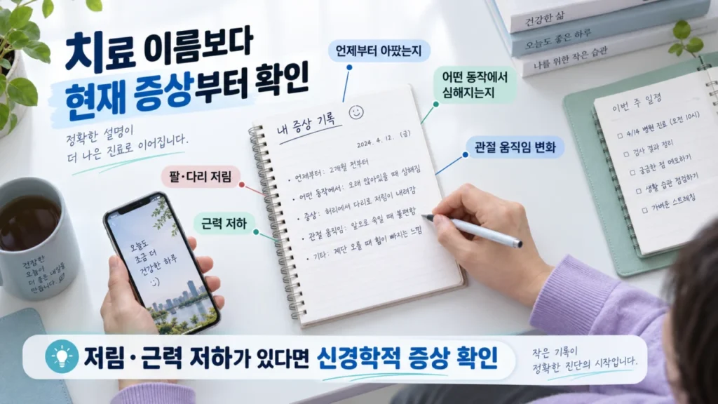 도수치료와 물리치료 선택 시 증상 체크 과정을 보여주는 그림