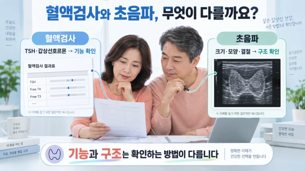갑상선 혈액검사와 초음파의 차이점을 비교 설명하는 그림