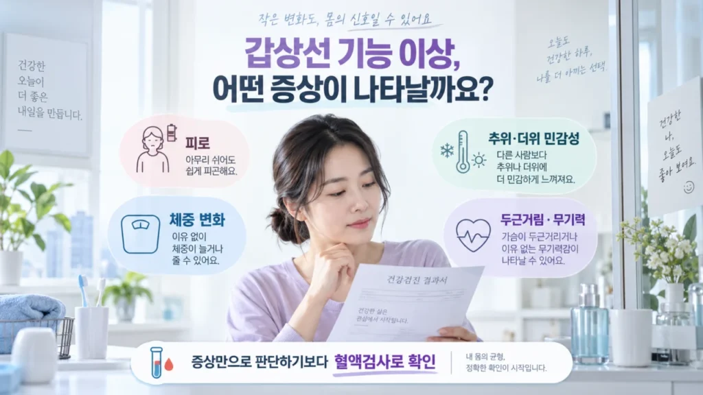 갑상선 기능이상 증상으로 피로, 체중 변화, 더위·추위 민감성 등이 나타날 수 있음을 설명하는 그림