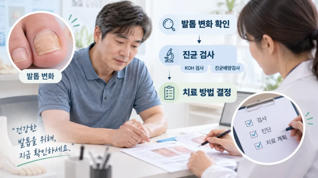 발톱무좀 진균 감염 여부를 확인하는 검사 과정을 설명하는 이미지