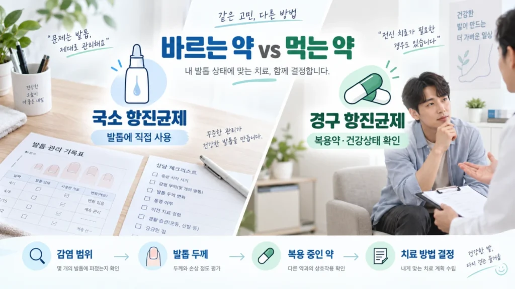 발톱무좀약의 바르는 약과 먹는 약 차이를 나타내는 이미지