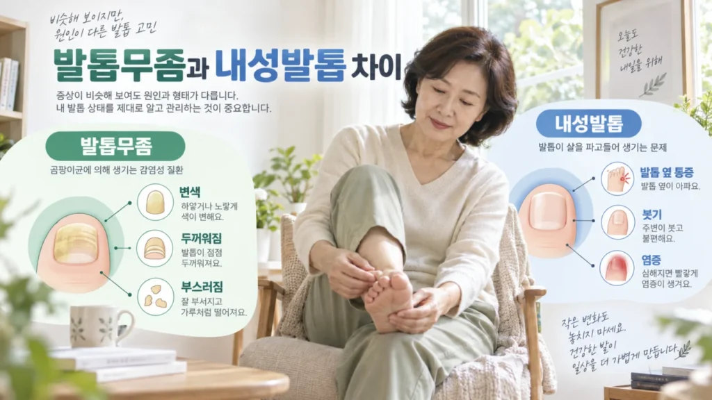 발톱무좀과 내성발톱의 차이를 설명하는 그림