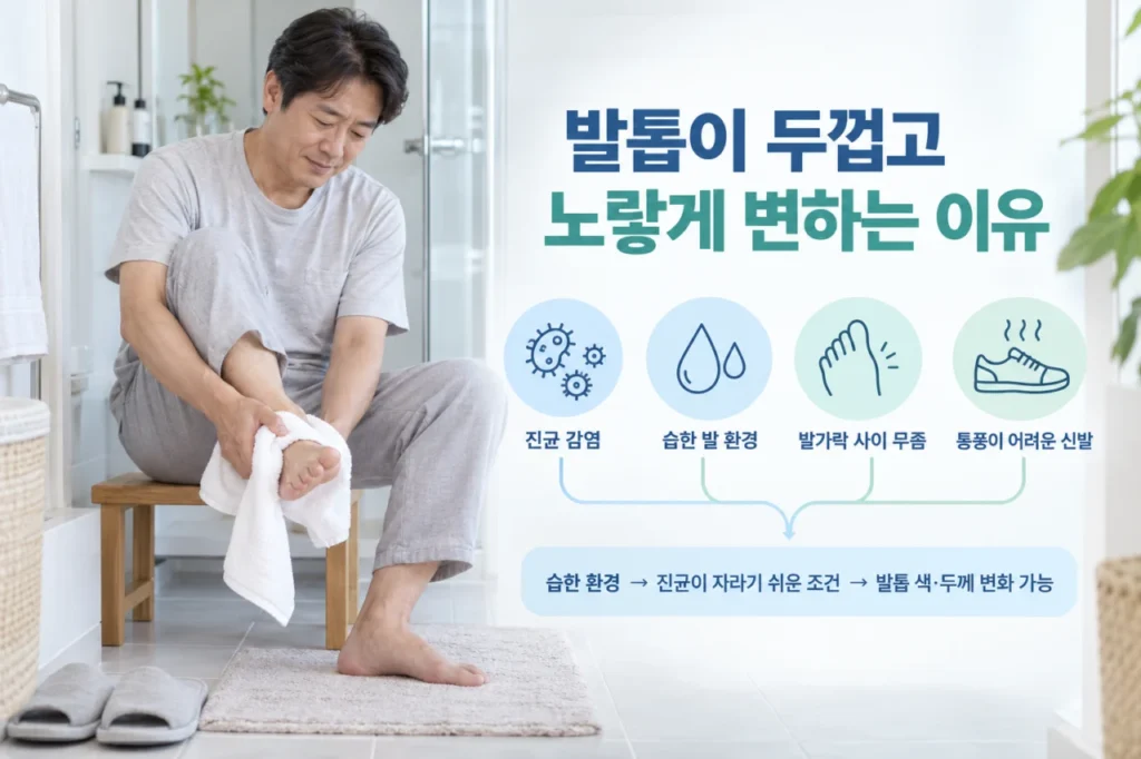 발톱무좀의 원인으로 발톱이 두꺼워지고 노랗게 변한 예시 그림