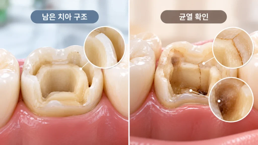 수복물 제거 후 치아 구조와 균열 상태를 확인하는 장면