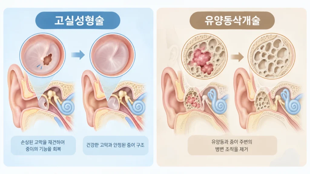 고실성형술과 유양동삭개술의 차이를 비교하는 그림