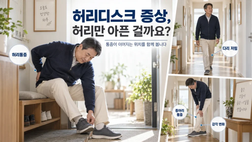 허리디스크 증상으로 허리통증과 다리 저림, 종아리 통증이 나타나는 모습을 설명하는 그림
