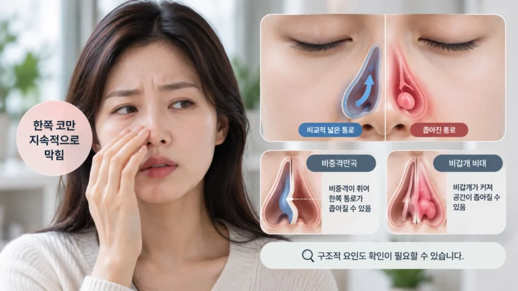 한쪽 코막힘의 구조적 원인을 보여주는 코 내부 구조 그림