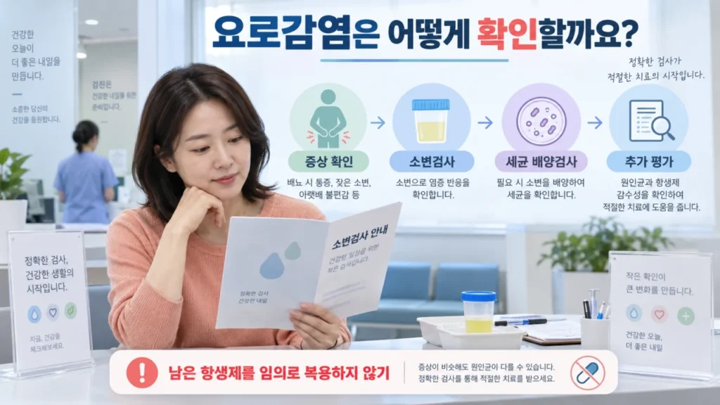 요로감염 진단을 위한 소변검사와 세균 배양검사 과정을 설명하는 그림