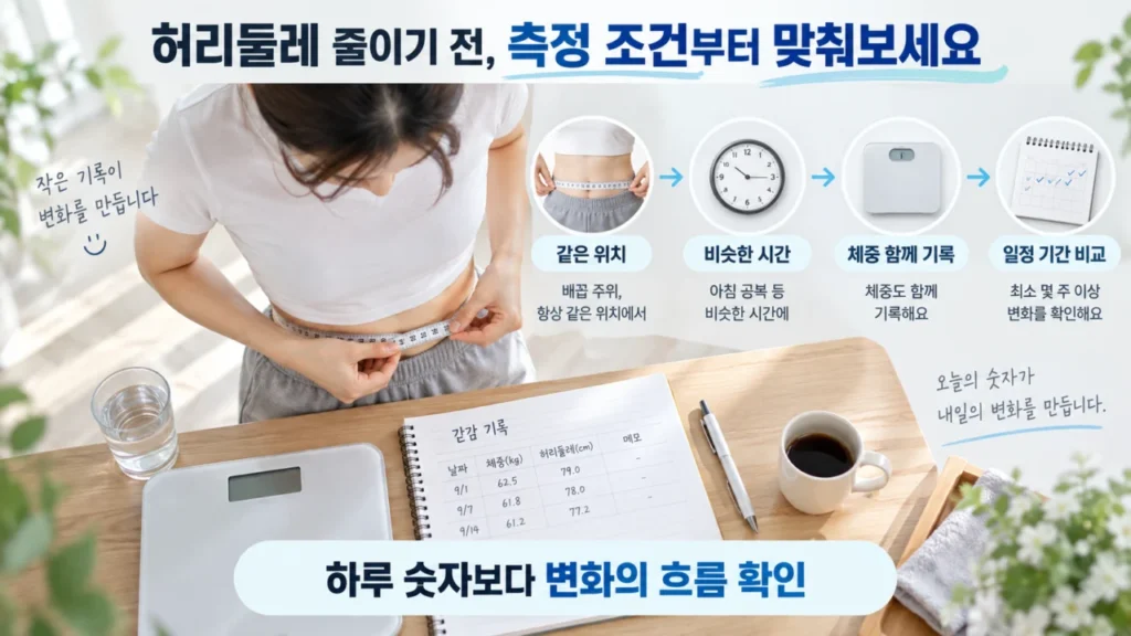 허리둘레를 반복 측정하는 방법을 안내하는 그림