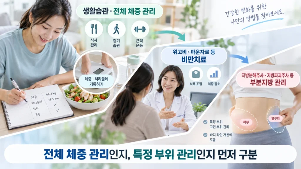 비만치료와 지방분해주사의 차이를 비교하는 그림