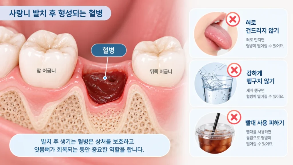 사랑니 발치 직후 혈병이 상처 부위를 보호하는 과정을 보여주는 그림