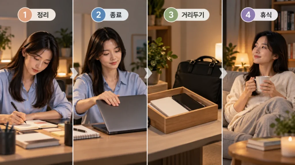 업무 종료 루틴으로 일과 휴식의 경계를 만드는 모습을 표현한 그림