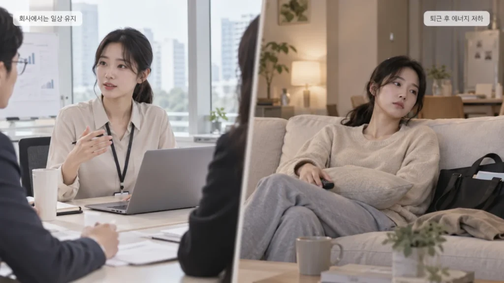 회사에서는 평소처럼 업무를 해내지만 퇴근 후에는 무기력과 공허감이 반복될 수 있음을 보여주는 그림