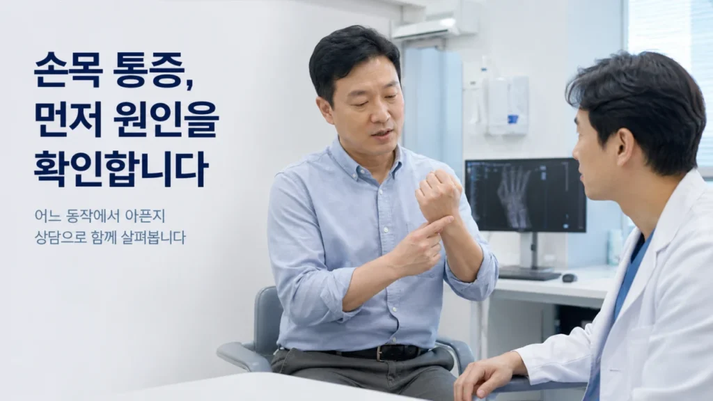 손목 통증 주사치료 상담을 받는 모습을 표현한 이미지