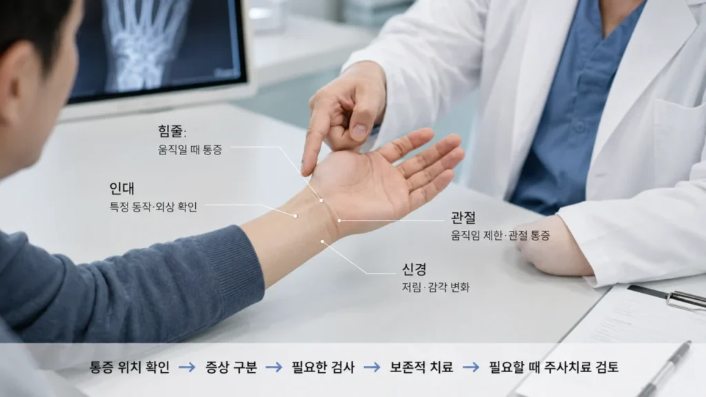 손목 통증 치료 방법 결정을 안내하는 이미지