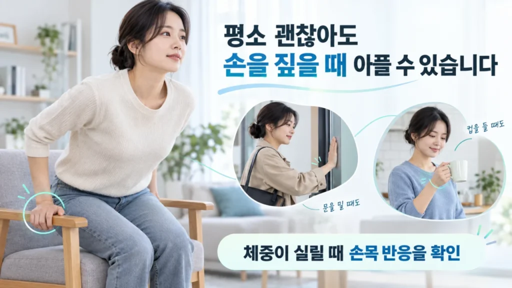 손목에 체중이 실릴 때 통증이 발생하는 과정을 설명하는 그림