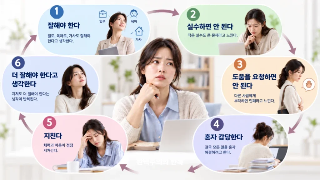 모든 역할을 완벽하게 해내려다 체력과 마음이 지쳐가는 모습을 표현한 이미지