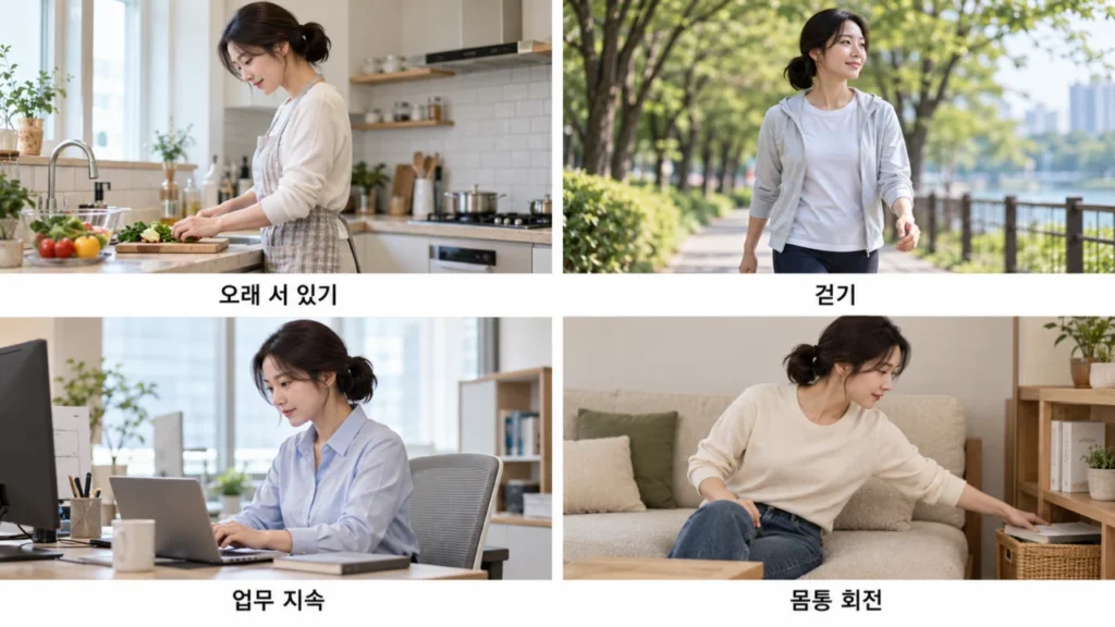 성인 척추측만증 환자의 일상 기능 변화를 설명하는 그림