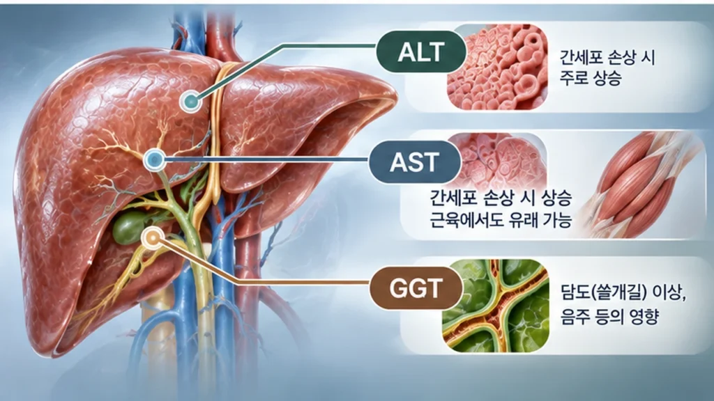AST, ALT, 감마지티피 등 간수치 검사 항목별 의미와 평가 방법을 설명하는 그림