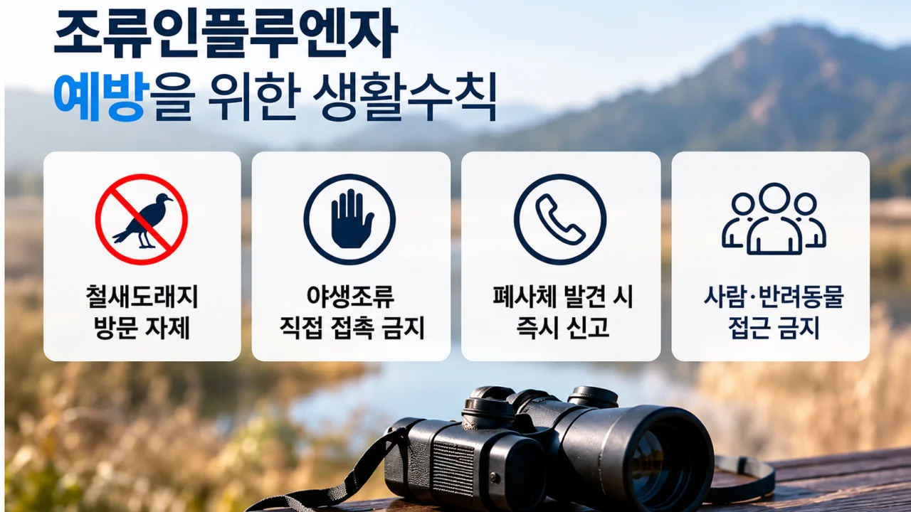 조류인플루엔자 유행 시에는 철새도래지 방문을 자제하고, 야생조류 폐사체를 직접 만지지 않으며, 발견 시 관할 지방자치단체에 신고해야 한다. (사진=생성형AI)