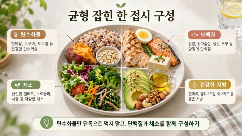 탄수화물, 단백질, 채소가 함께 구성된 균형 잡힌 식사 예시