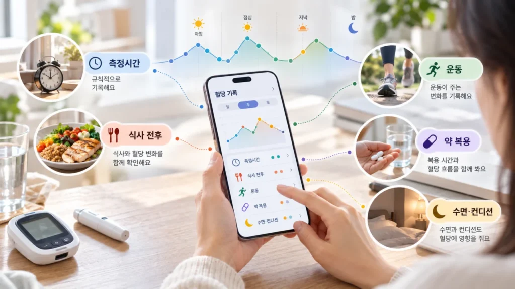 혈당 기록에 시간, 식사, 운동, 약 복용, 컨디션을 함께 적는 방법을 보여주는 그림