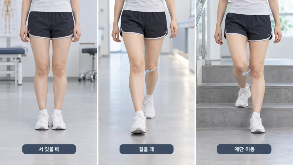 정적 정렬과 동적 정렬에서 무릎과 발의 움직임 차이 그림