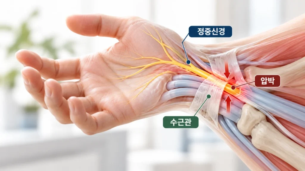 손목의 수근관을 지나는 정중신경 압박을 보여주는 그림