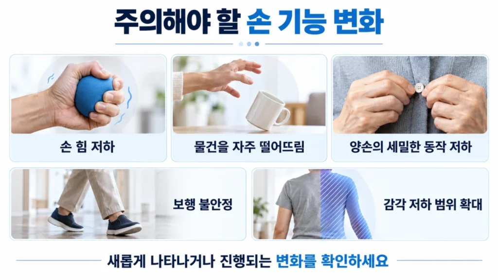 경추 척수병증에서 손 근력 저하와 보행 변화가 동반되는 상황을 나타낸 그림