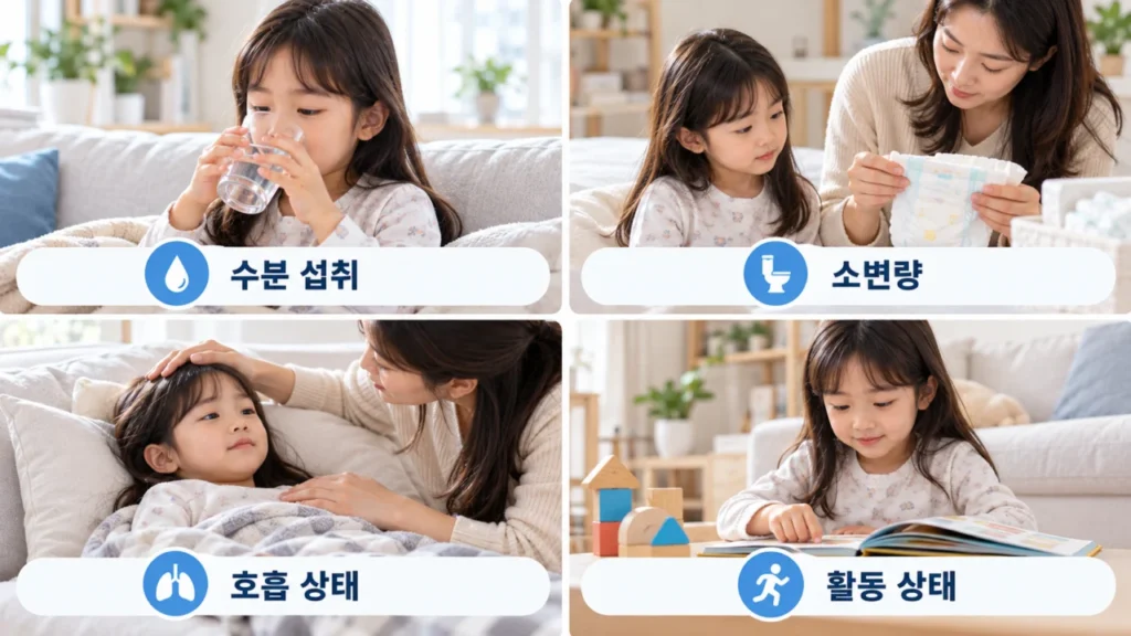 어린이 독감 회복 중 수분 섭취와 소변량, 호흡 상태를 확인하는 모습