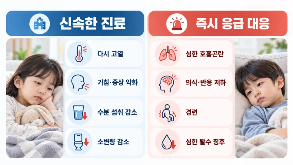 어린이 독감 회복 중 응급 신호를 주의 깊게 살피는 장면