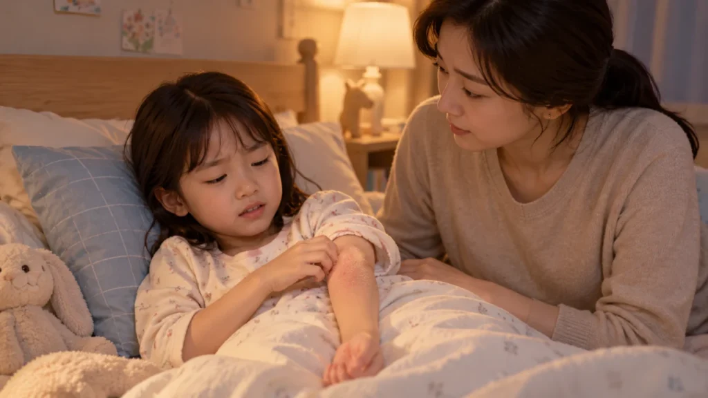 아토피로 인해 밤에 가려움으로 잠을 설치는 아이의 모습을 묘사한 그림