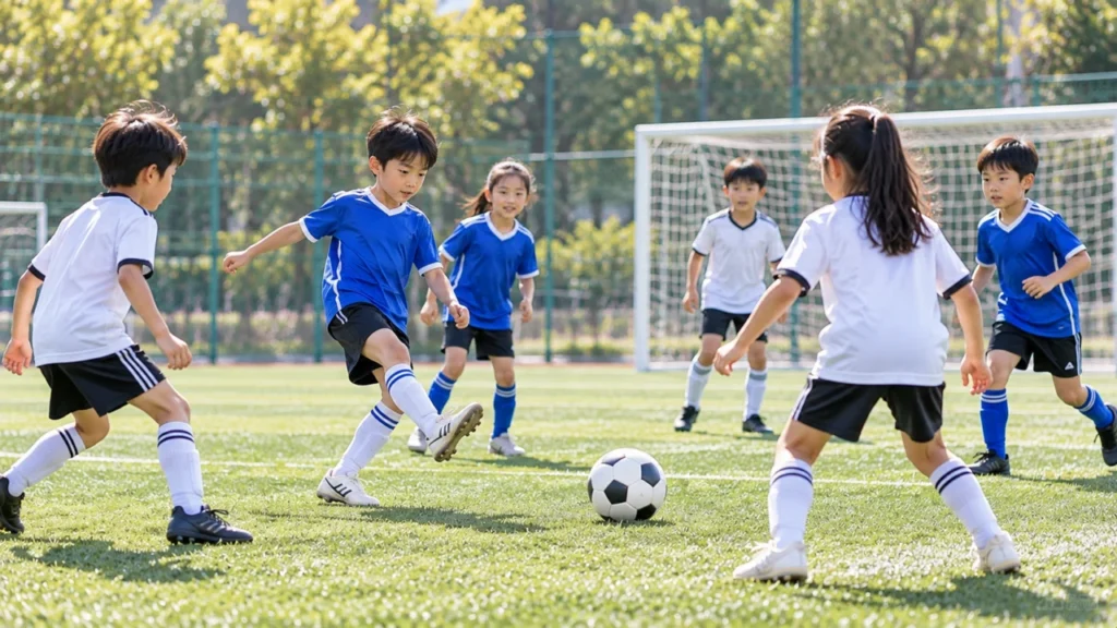 아이들이 축구 경기에서 팀원과 함께 움직이며 협동하는 모습