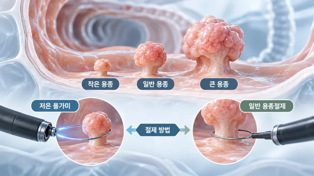 대장용종의 크기와 절제 방법에 따라 출혈 위험이 달라지는 예시
