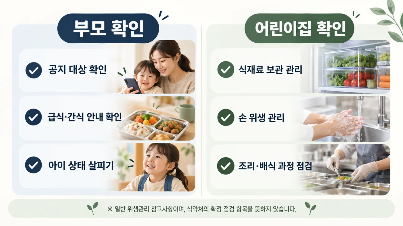 부모는 어린이집 공지와 아이의 건강 상태를, 어린이집 관계자는 식재료 보관·조리·배식 과정을 함께 확인할 필요가 있다. (사진 - AI 생성)