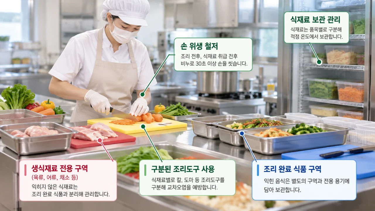 어린이집 급식에서는 식재료 보관부터 조리도구 사용, 손 위생과 배식까지 교차오염을 예방하는 관리가 중요하다. (사진 - AI 생성)