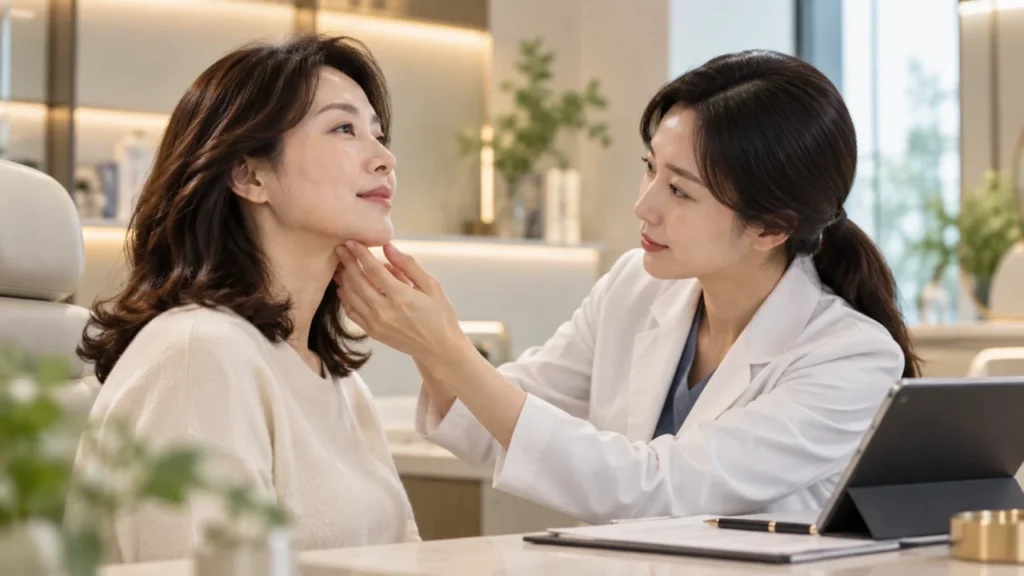 DCA주사 시술 전 턱밑 지방과 피부 상태를 함께 살펴보는 모습